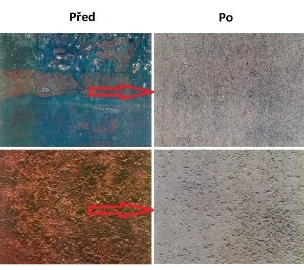 Kovový povrch s různým stupněm znečištění - stav před a po tryskání